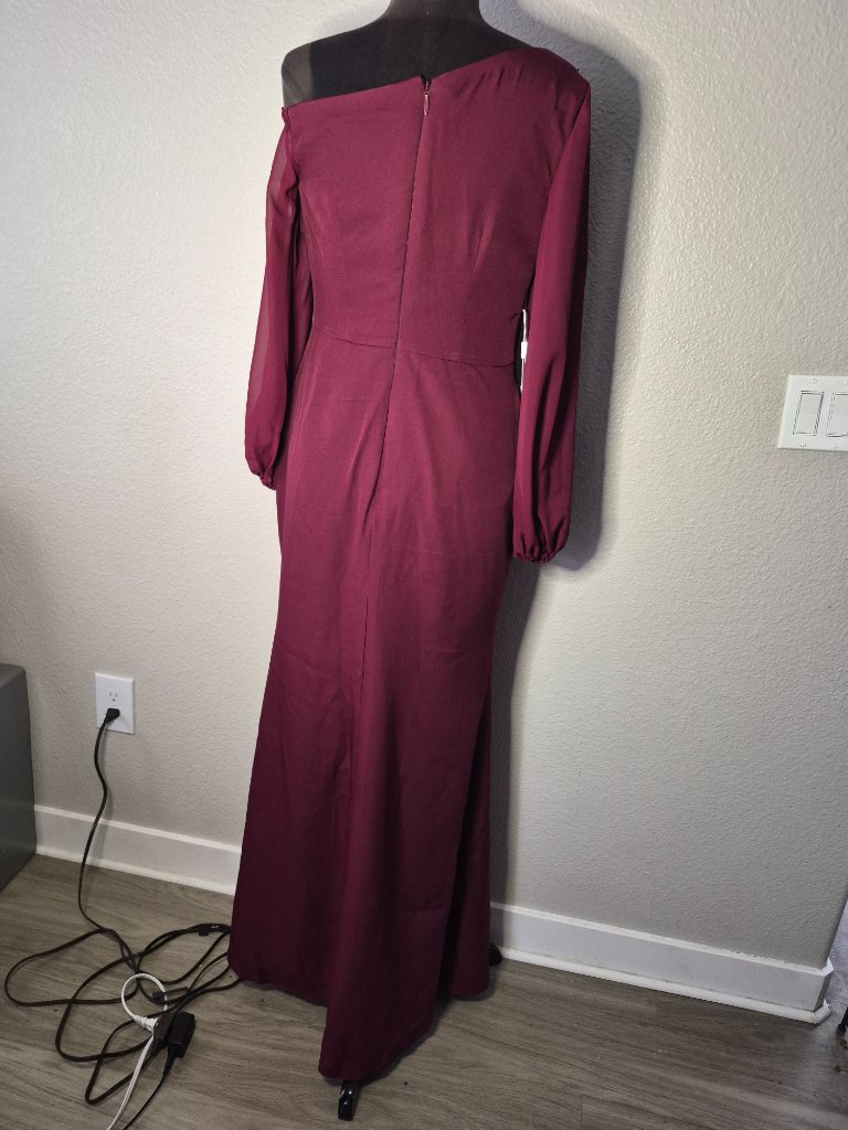 Mondressy Womens Burgundy Crepe Faux Wrap Long Evening Dress Wedding Guest Nwt — image 3 of 8